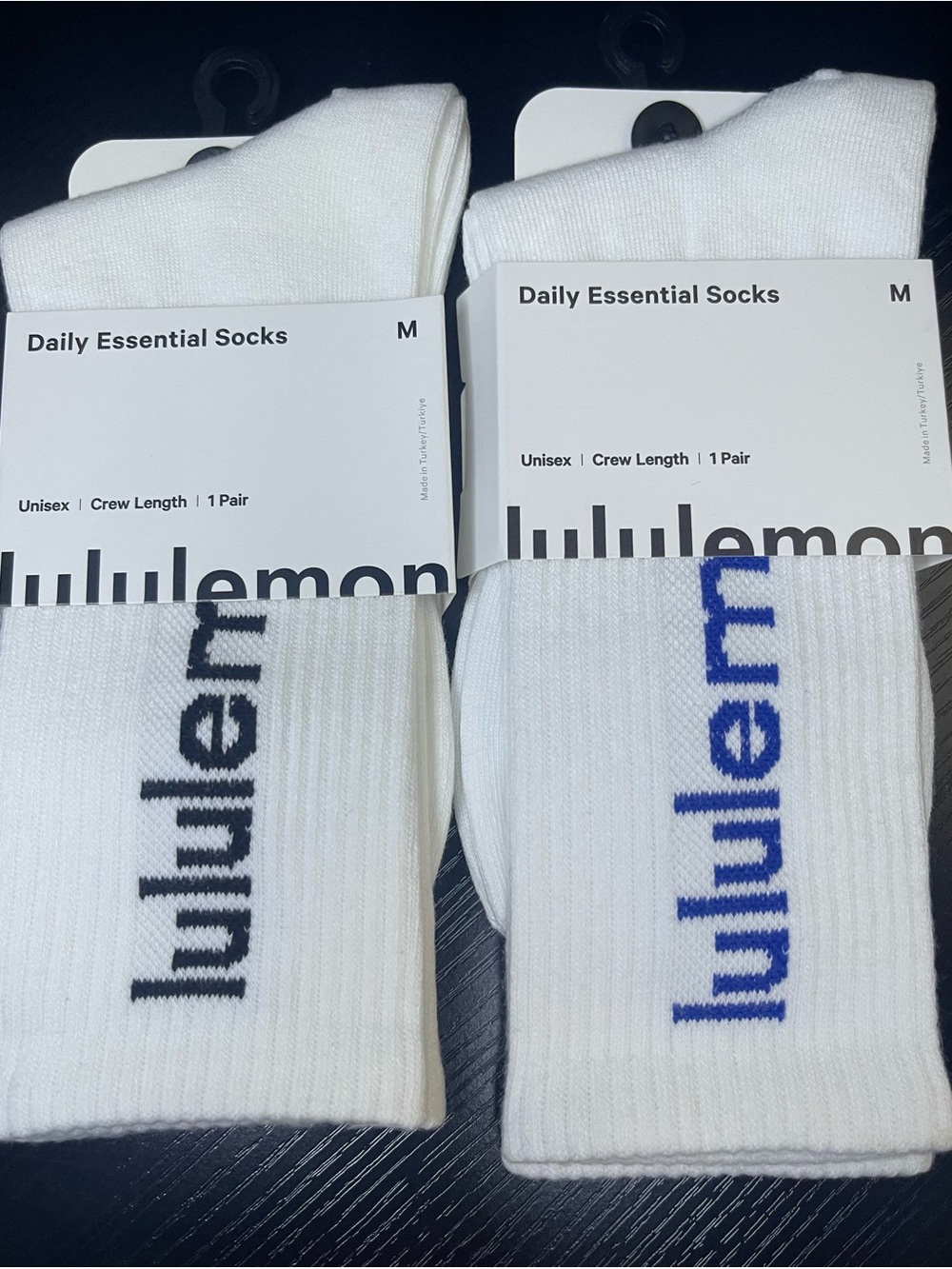 Lemon Daily Essential Crew Socks — White with Black and Blue Logos
